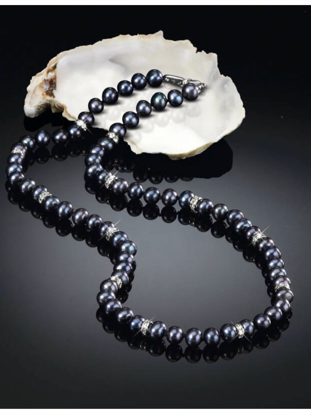 Danbury Mint Midnight Black Pearl Necklace with Silver and crystal Accents